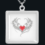 Red Angel Heart with wings Silver Plated Necklace<br><div class="desc">Artistically painted red heart with angel wings gray, decorated with black smooth contour.</div>