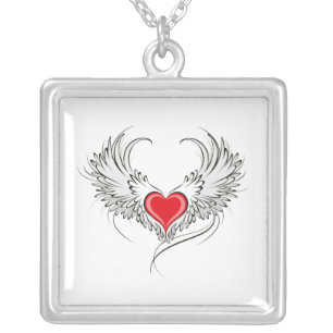 Red Angel Heart with wings Silver Plated Necklace
