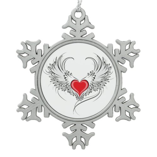 Red Angel Heart with wings Snowflake Pewter Christmas Ornament