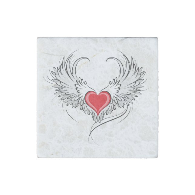 Red Angel Heart with wings Stone Magnet (Front)