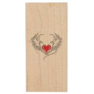 Red Angel Heart with wings Wood Flash Drive
