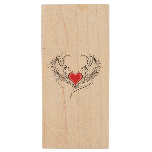 Red Angel Heart with wings Wood Flash Drive (Front Vertical)