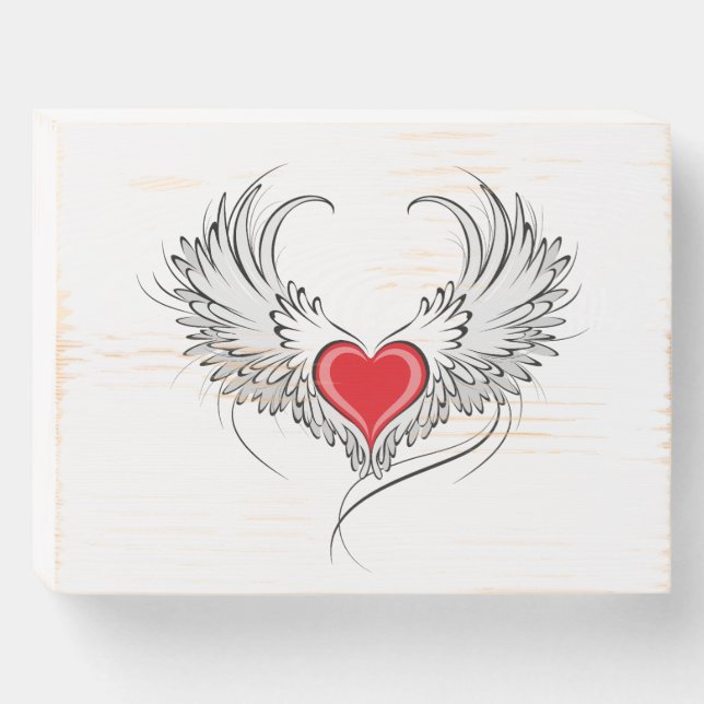 Red Angel Heart with wings Wooden Box Sign (Front Horizontal)