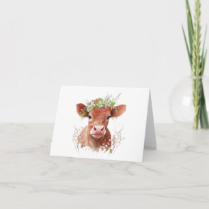 Red Angus Baby Cow Calf with Flowers on Head BLANK Card