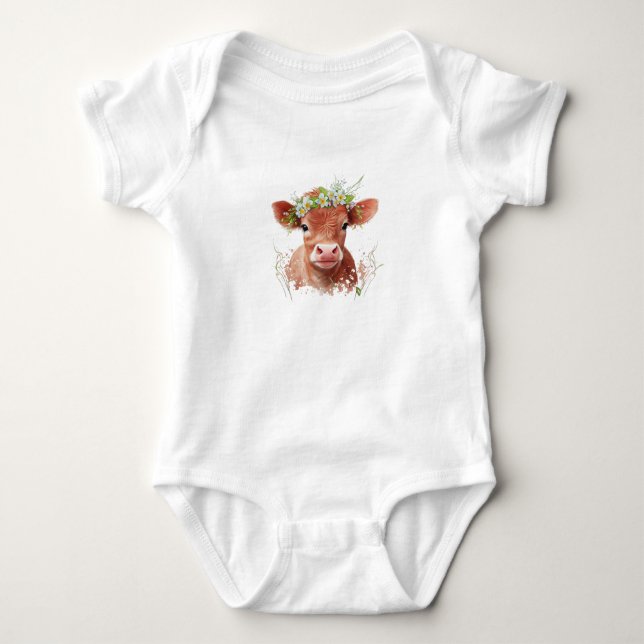 Red Angus Baby Cow Calf with Flowers on Head  Bodysuit (Front)