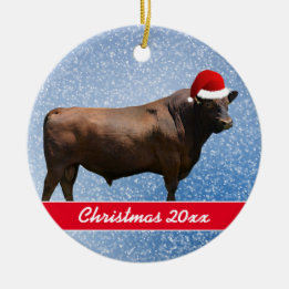 Red Angus Bull and Santa Hat Ceramic Ornament