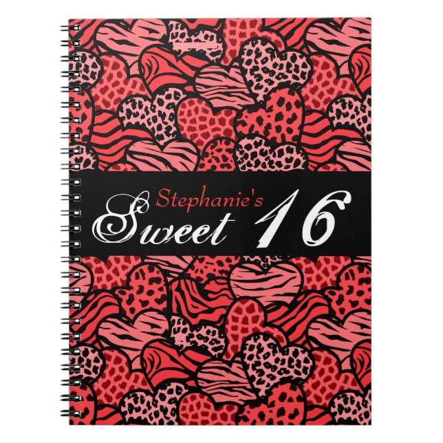 Red animal pattern hearts Sweet 16 Notebook (Front)