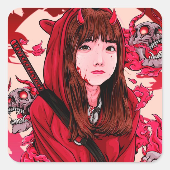 Red Anime Demon Slayer Girl Square Sticker (Front)