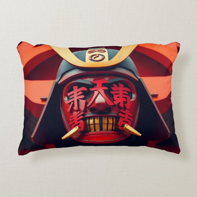 Red anime samurai mask accent pillow (Front)
