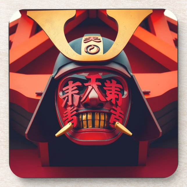Red anime samurai mask beverage coaster (Front)