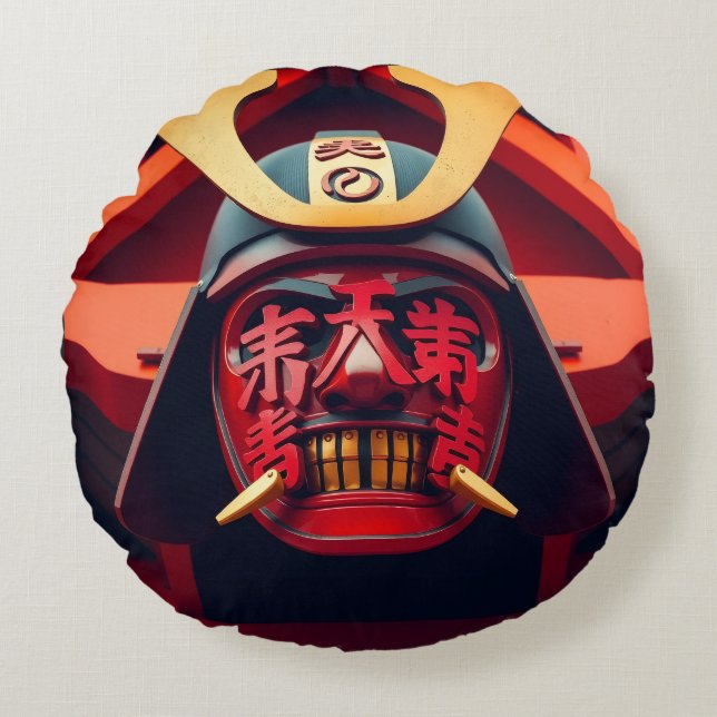 Red anime samurai mask round pillow (Front)