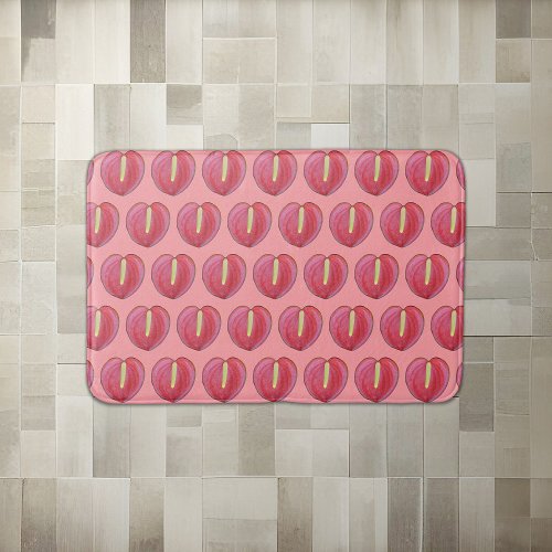 Red Anthurium Flower Seamless Pattern on Bath Mat