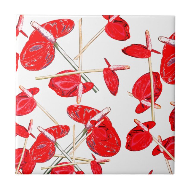 Red Anthurium Flowers Floral Pattern Ceramic Tile (Front)