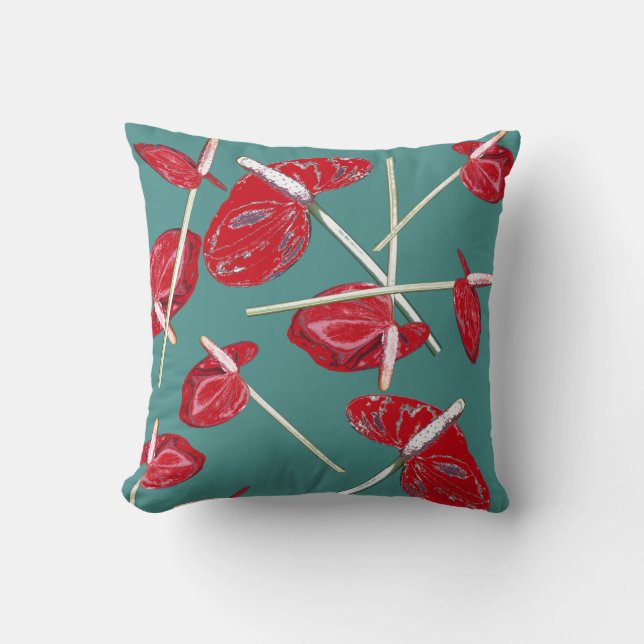 Red Anthurium Flowers Pattern Cushion Pillow (Front)