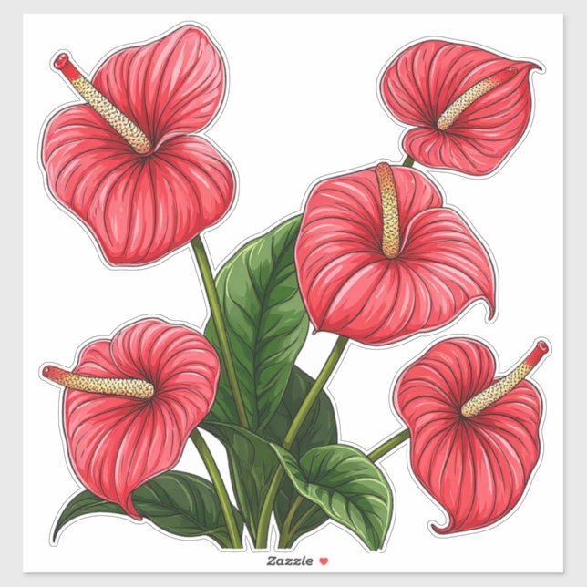 Red Anthurium Flowers with Green Leaves Sticker (Sheet)