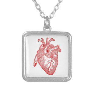 Red Antique Anatomical Heart Silver Plated Necklace