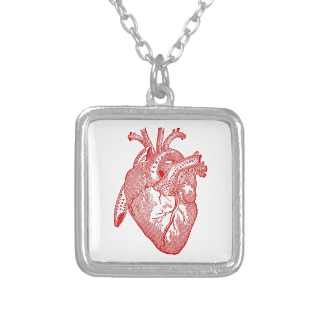 Red Antique Anatomical Heart Silver Plated Necklace (Front)