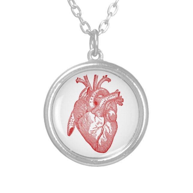 Red Antique Anatomical Heart Silver Plated Necklace (Front)