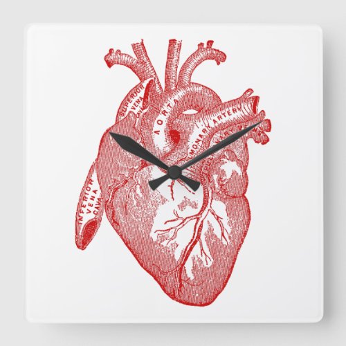 Red Antique Anatomical Heart Square Wall Clock