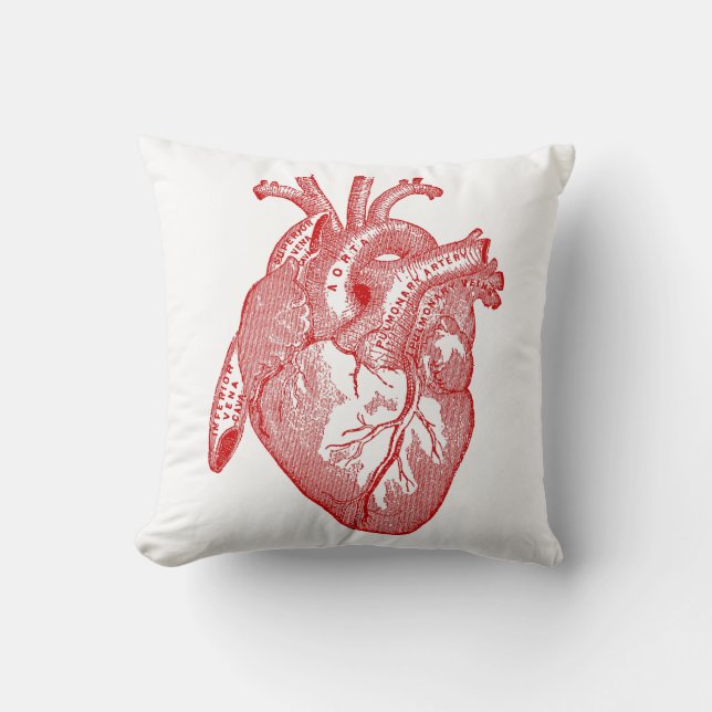 Red Antique Anatomical Heart Throw Pillow (Front)
