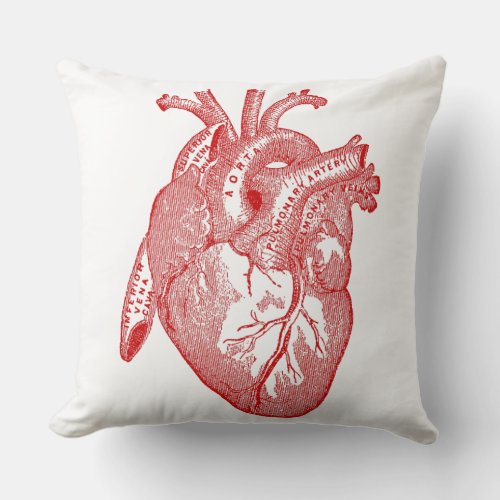 Red Antique Anatomical Heart Throw Pillow