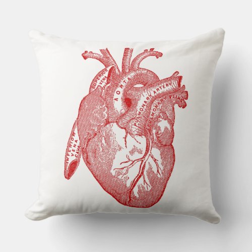 Red Antique Anatomical Heart Throw Pillow