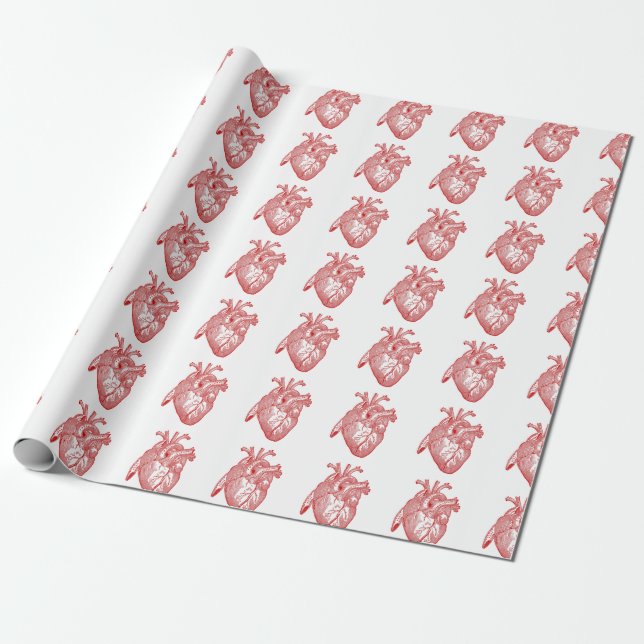 Red Antique Anatomical Heart Wrapping Paper (Unrolled)