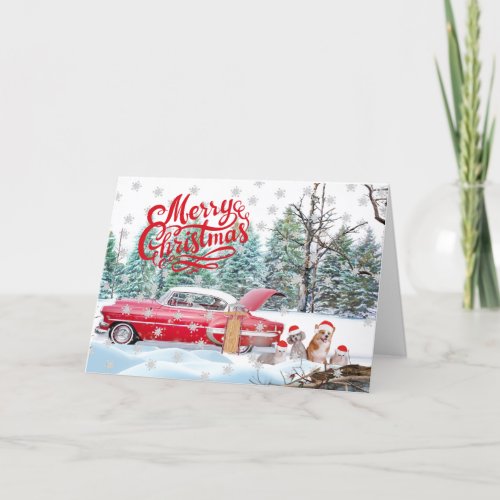 Red Antique Car Cats and Dogs Christmas Card