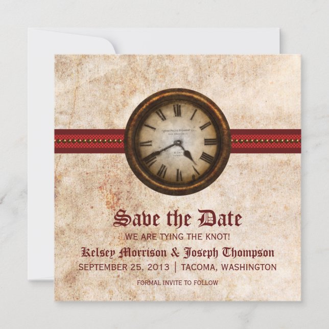 Red Antique Clock Save the Date Announcement (Front)