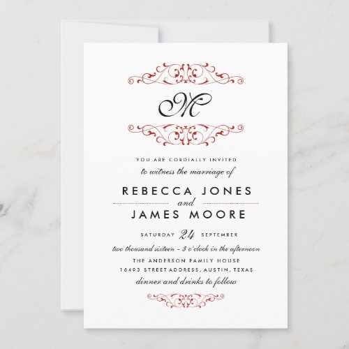 Red Antique Flourish Monogram Wedding Invitation