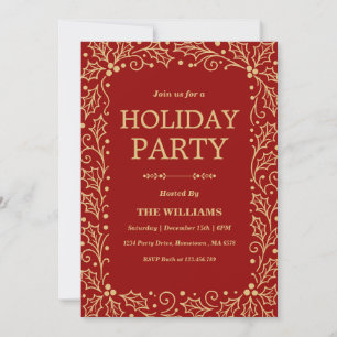 Red & Antique-Gold Holiday Christmas Party Invitation