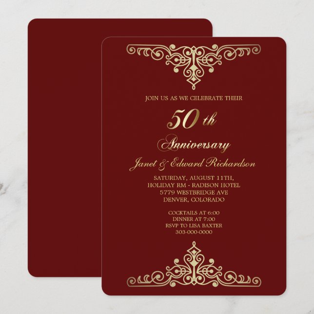 Red Antique Gold Victorian Golden Anniversary Invitation (Front/Back)