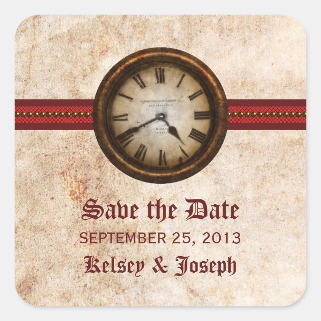 Red Antique Save the Date Stickers (Front)