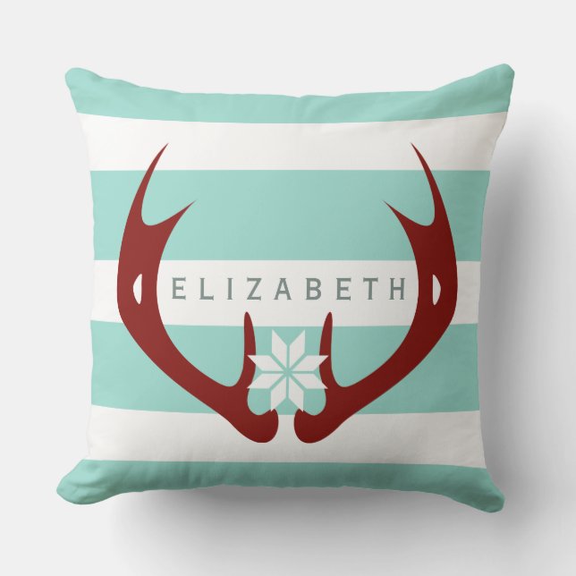 Red Antlers Snowflake 2 - Blue Throw Pillow (Front)