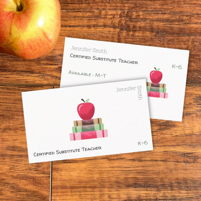 Red Apple and Books Modern Tutor Business Card (Red apple on book educator white double-sided business card .)