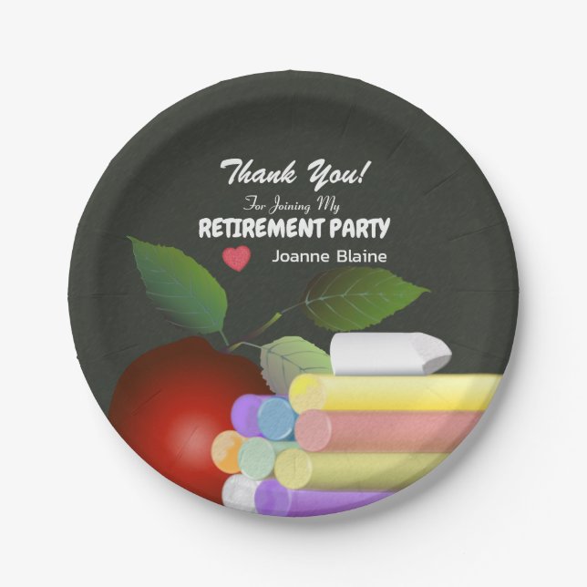 Red Apple and Chalk | Retired Teacher Paper Plates (Front)