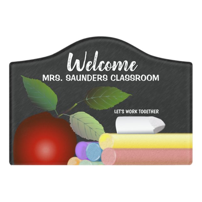 Red Apple and Chalk | Teacher Door Sign (Small Crest Front)