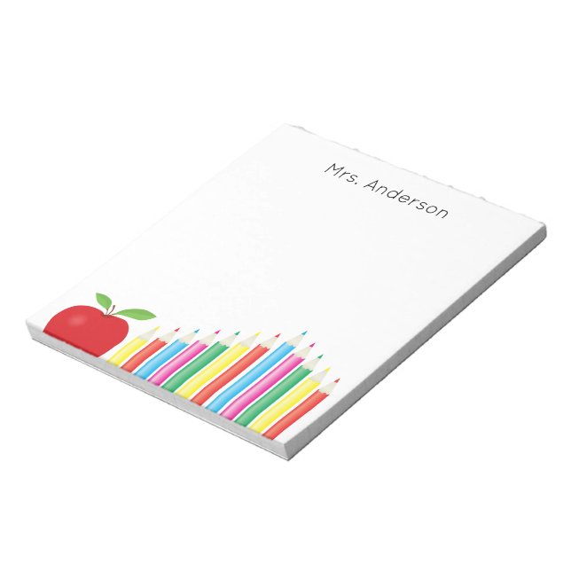Red Apple and Colored Pencils Teacher Notepad (Rotated)