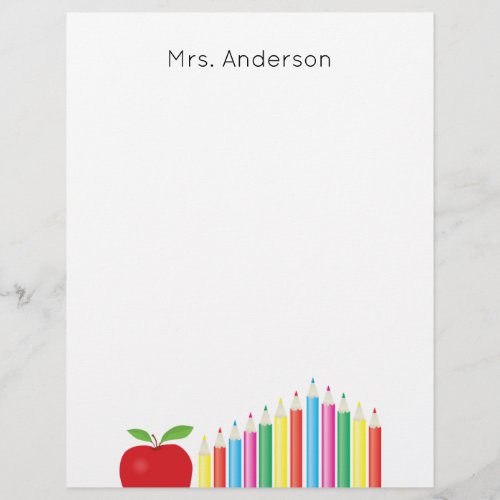 Red Apple and Colored Pencils Teacher Personalized Letterhead