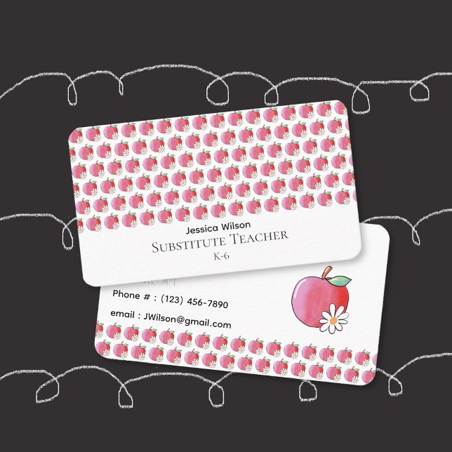Red Apple and Daisy Pattern Teacher Business Card (Red apple and daisy pattern double-sided rounded business cards for educators .)