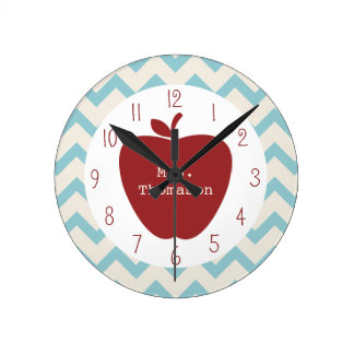 Red Apple Aqua Chevron Teacher Clock