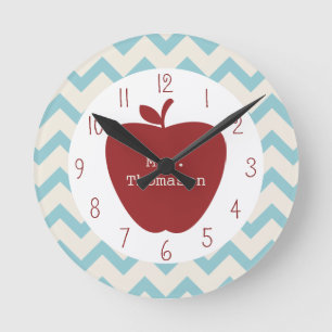 Red Apple Aqua Chevron Teacher Clock