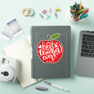 Red Apple Best Teacher Ever Custom Name Typography Sticker