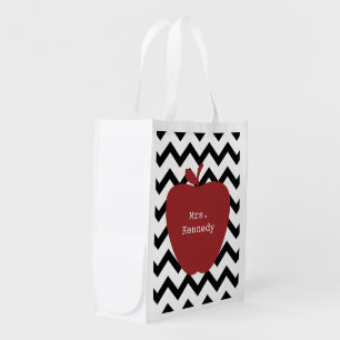 Red Apple Black Chevron Teacher Grocery Bag