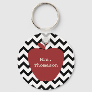 Red Apple Black & White Chevron Teacher Keychain