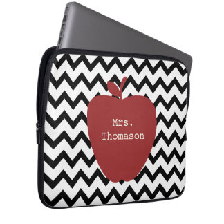 Red Apple Black & White Chevron Teacher Laptop Sleeve