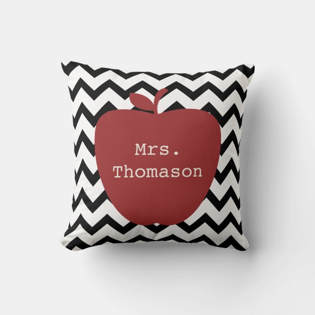 Red Apple Black & White Chevron Teacher Throw Pillow (Front)