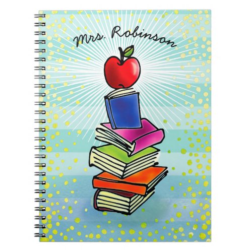 Red Apple Book Stack Teacher Name Turquoise Stripe
