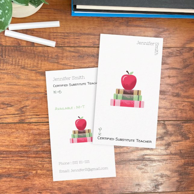 Red Apple Book Tutor Vertical White Business Card (Red Apple on Books Tutor Double-sided Vertical White Business Card (Front and Back))