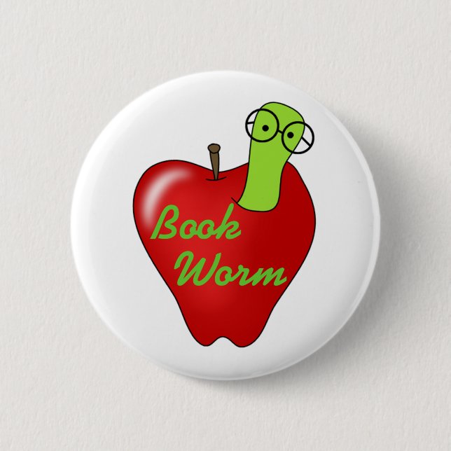 Red Apple Book  Worm Pinback Button (Front)